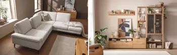 Wohnzimmer mit großem Ecksofa und hölzerne Wohnwand